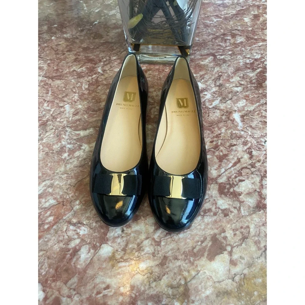 New Bruno Magli Mina Black Patent Leather Bow Ballet Flats Size 40 /US 9, $325